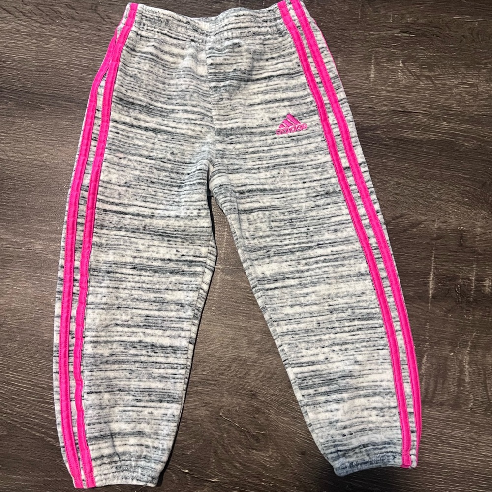 Adidas Kids Heathered Gray Joggers with Pink Stripes
